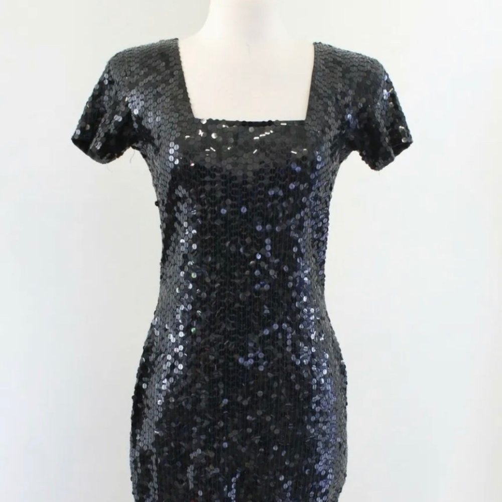 Vtg 90s Cache Black Sequin Beaded Cocktail Party Dress Size 6 Square Neckline